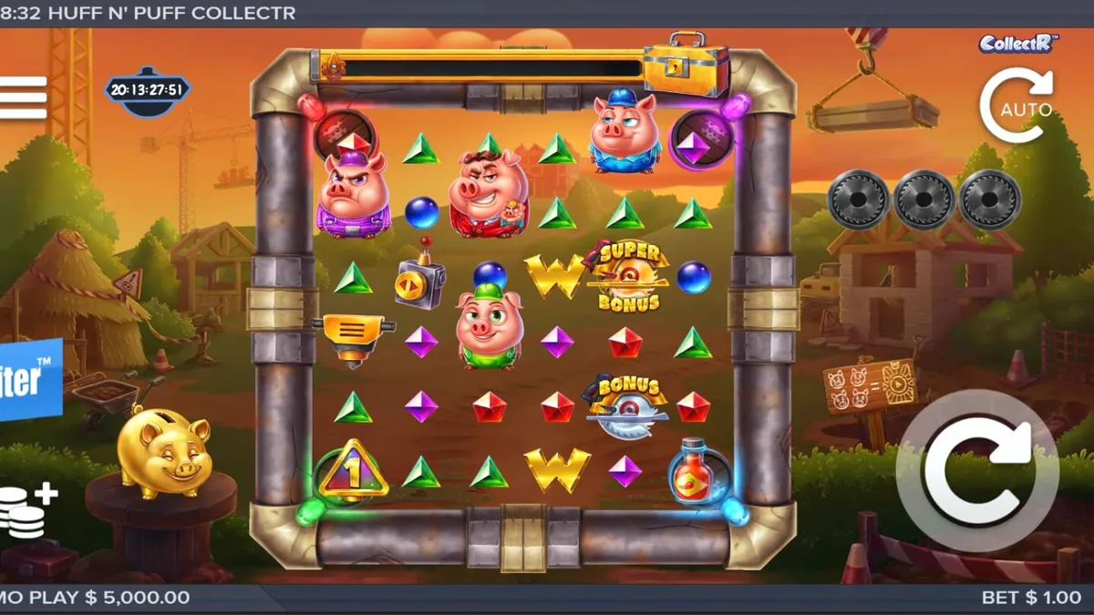 Tampilan visual slot Huff n Puff CollectR dengan tema babi dan serigala
